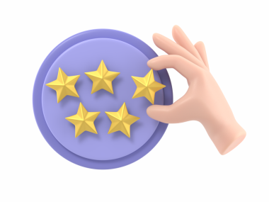 Çizgi film Jest Simgesi Mockup.3d beş altın yıldız değerlendirme rozeti. Altın pozitif müşteri deneyimi illüstrasyonu, şeffaf arkaplanı olan PNG dosyalarını destekler.