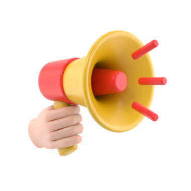 Çizgi film Hareketi Simgesi Mockup.3d el, sarı megafon gerçekçi simge tutuyor, şeffaf arkaplan PNG dosyalarını destekler.