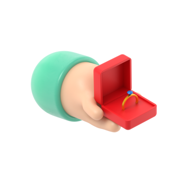 Evlilik teklifi 3D çizim izometrik 3D tasarım. Adam elinde alyansı ve elması olan açık bir kutu tutuyor. PNG dosyalarını şeffaf arkaplan ile yüklüyor..