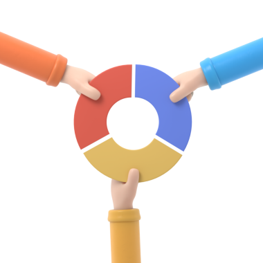 Pazar paylaşımı iş konsepti. Rakip iş adamı elinde pasta grafiği tutuyor. Rekabet. Ekonomik paylaşım karlı 3D çizim düz tasarım. Şeffaf arkaplan içeren PNG dosyalarını destekler.