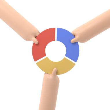 Pazar paylaşımı iş konsepti. Rakip iş adamı elinde pasta grafiği tutuyor. Rekabet. Ekonomik paylaşım karlı 3D çizim düz tasarım. Şeffaf arkaplan içeren PNG dosyalarını destekler.