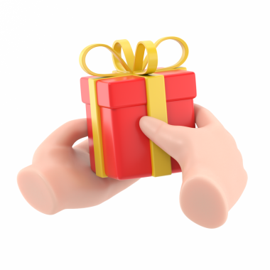 Şeffaf Arkaplan Mock-up.3d oluşturucu. Beyaz arka planda izole edilmiş bir klip sanatı. Elleri altın fiyonklu hediye kutusunu tutuyor. Noel sosyal simgesi