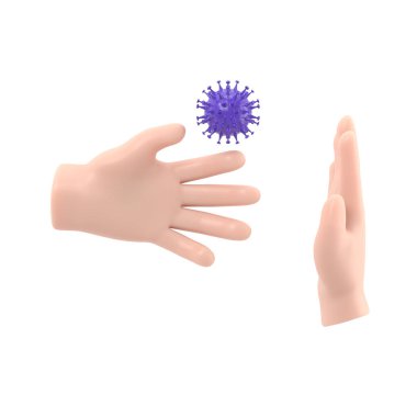 Elimizdeki bakteriler. Coronavirus el sıkışma yoluyla bulaşır. El hareketi yok. Fiziksel temas yok. 3 boyutlu karikatür düz tasarım. Hastalıkların önlenmesi ve önlenmesi.