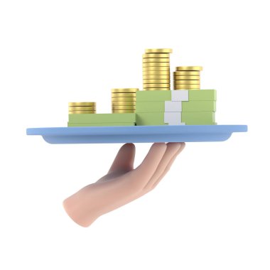 Çizgi film Jest Simgesi Mockup.Kolay para tasarımı konsepti. Üç boyutlu resimde para tabağıyla birlikte iş eli. Kredi al. PNG dosyalarını şeffaf arkaplanlara aktarır.