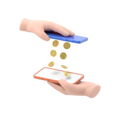 Mobil ödeme para transferi düz 3d izometri izometrik finansal işlem kavramı web 3d illüstrasyon. Bir telefondan diğerine para yağmuru yağıyor. Yaratıcı insanlar koleksiyonu.