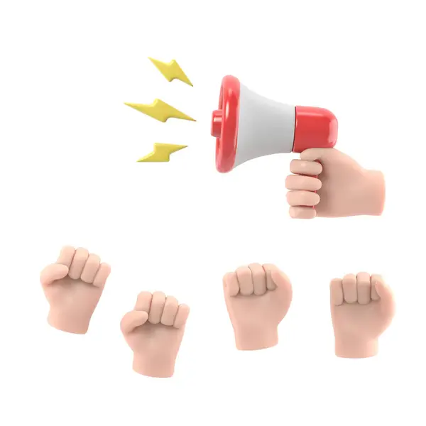 Cartoon hands of demonstrants and hand with Megaphone,protest concept,revolution,conflict,3d illustration in flat design .Supports PNG files with transparent backgrounds.