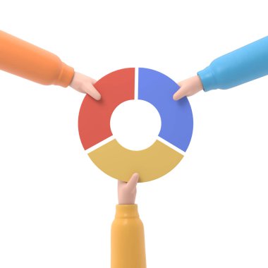 Pazar paylaşımı iş konsepti. Rakip iş adamı elinde pasta grafiği tutuyor. Rekabet. Ekonomik paylaşım karlı 3D çizim düz tasarım. Şeffaf arkaplan içeren PNG dosyalarını destekler.