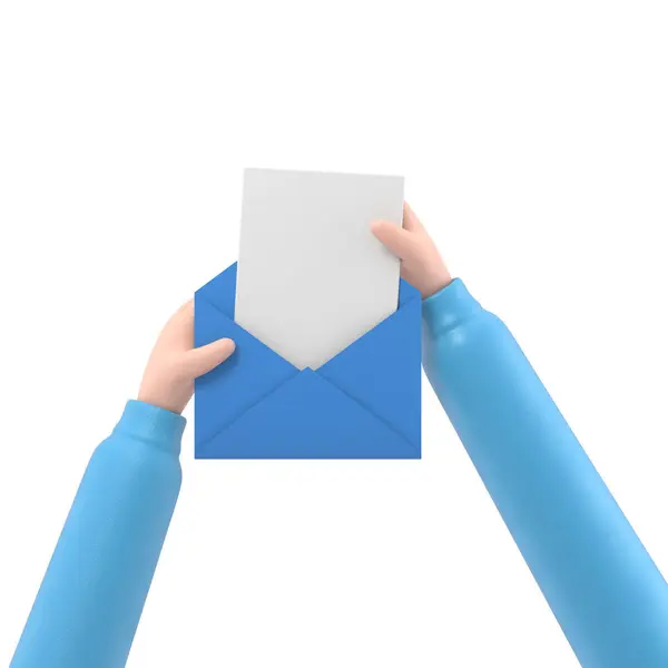 卡通造型Icon Mockup Hand从信封里掏出一张空纸片 邮件概念 平面样式的3D示例支持具有透明背景的Png文件 — 图库照片