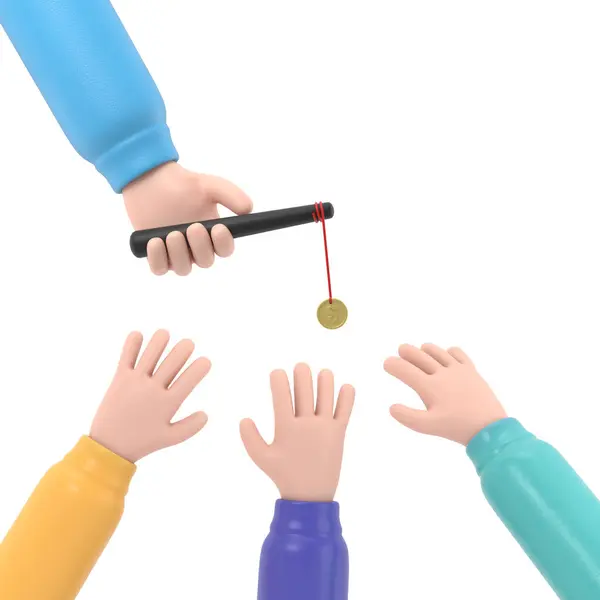 Incentive concept. Business metaphor. Personnel management leadership. Motivate people. Big hand holds gold coin on stick,businessman running for bait. 3d illustration flat design. Attract earn.
