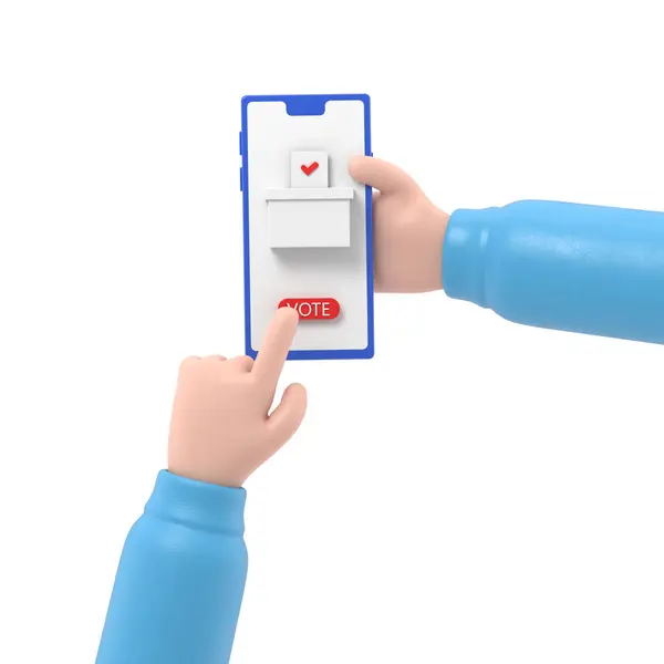 网上投票的概念 3D平面插图设计风格 一个人手里拿着智能手机 做你的选择 把投票箱 选举投票 政治民意测验 — 图库照片