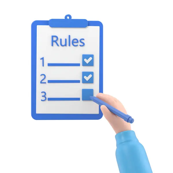 规则概念 商人手里拿着带有规章制度的剪贴板 有要求的清单 支持具有透明背景的Png文件 — 图库照片