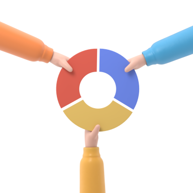 Pazar paylaşımı iş konsepti. Rakip iş adamı elinde pasta grafiği tutuyor. Rekabet. Ekonomik paylaşım karlı 3D çizim düz tasarım. Şeffaf arkaplan içeren PNG dosyalarını destekler.