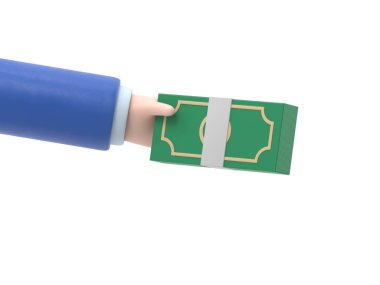 Üç boyutlu karikatür el dolar tutar. Finansal işlem kavramı. Ödeme ve geri ödeme. Para yatırımı ve ticaret. Şeffaf arkaplan içeren PNG dosyalarını destekler.