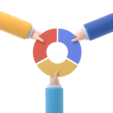 Pazar paylaşımı iş konsepti. Rakip iş adamı elinde pasta grafiği tutuyor. Rekabet. Ekonomik paylaşım karlı 3D çizim düz tasarım. Şeffaf arkaplan içeren PNG dosyalarını destekler.