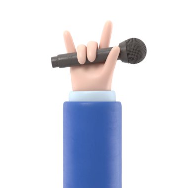 Çizgi film Jest Simgesi Mockup.Karikatür el mikrofonu tutuyor ve boynuzlarını ya da taş hareketlerini gösteriyor. Şeffaf arkaplan içeren PNG dosyalarını destekler.