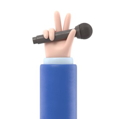 Çizgi film Jest Simgesi Mockup.Karikatür el mikrofonu tutuyor ve zafer işareti gösteriyor. Şeffaf arkaplan içeren PNG dosyalarını destekler.