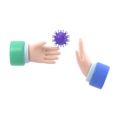 Elimizdeki bakteriler. Coronavirus el sıkışma yoluyla bulaşır. El hareketi yok. Fiziksel temas yok. 3 boyutlu karikatür düz tasarım. Hastalıkların önlenmesi ve önlenmesi.
