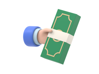 Üç boyutlu karikatür el dolar tutar. Finansal işlem kavramı. Ödeme ve geri ödeme. Para yatırımı ve ticaret. Şeffaf arkaplan içeren PNG dosyalarını destekler.