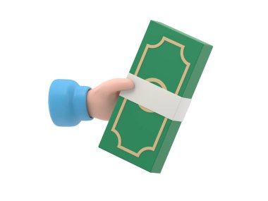 Üç boyutlu karikatür el dolar tutar. Finansal işlem kavramı. Ödeme ve geri ödeme. Para yatırımı ve ticaret. Şeffaf arkaplan içeren PNG dosyalarını destekler.