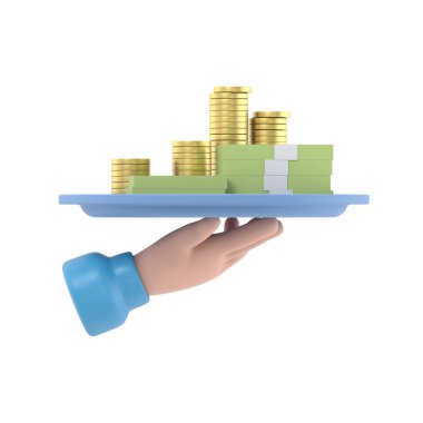 Çizgi film Jest Simgesi Mockup.Kolay para tasarımı konsepti. Üç boyutlu resimde para tabağıyla birlikte iş eli. Kredi al. PNG dosyalarını şeffaf arkaplanlara aktarır.