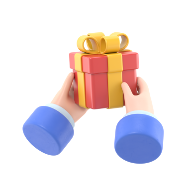 Şeffaf Arkaplan Mock-up.3d oluşturucu. Beyaz arka planda izole edilmiş bir klip sanatı. Elleri altın fiyonklu hediye kutusunu tutuyor. Noel sosyal simgesi