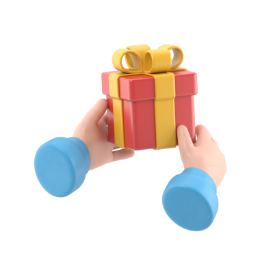 Şeffaf Arkaplan Mock-up.3d oluşturucu. Beyaz arka planda izole edilmiş bir klip sanatı. Elleri altın fiyonklu hediye kutusunu tutuyor. Noel sosyal simgesi