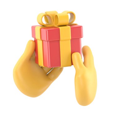 Şeffaf Arkaplan Mock-up.3d oluşturucu. Beyaz arka planda izole edilmiş bir klip sanatı. Elleri altın fiyonklu hediye kutusunu tutuyor. Noel sosyal simgesi