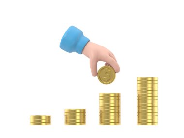 Çizgi film Jest Simgesi Mockup.Erkek el altın paraları biriktirir. Kişisel yatırımlar ve tasarruflar kavramı. PNG dosyalarını şeffaf arkaplan ile yükseltir.