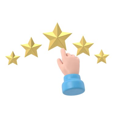 Beğeni simgesi. Yıldız 3D çizim düz tasarım. Geri bildirim konsepti. Değerlendirme sistemi. Pozitif eleştiri. Kaliteli iş. Adamın parmağı yıldızı gösterir. PNG dosyalarını şeffaf arkaplanlara aktarır.