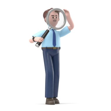 Asyalı Felix 'in büyüteçle üç boyutlu resmi. İş analizi, hesaplama veya araştırma kavramı beyaz arkaplan üzerinde 3D.