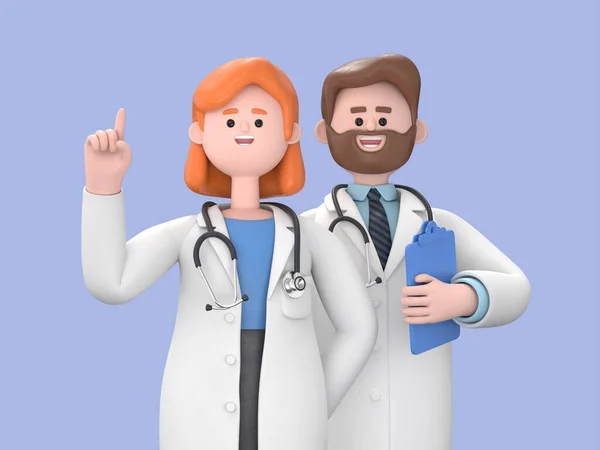 3d rendering. Cartoon character doctors, black skin woman and man, international team of healthcare professionals isolated on blue background. Medical colleagues hospital staff
