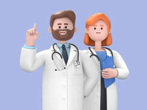 3d rendering. Cartoon character doctors, black skin woman and man, international team of healthcare professionals isolated on blue background. Medical colleagues hospital staff