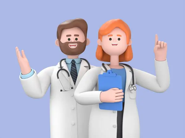 3d rendering. Cartoon character doctors woman and man, international team of healthcare professionals isolated on blue background. Medical colleagues hospital staff