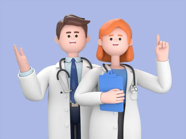 3d rendering. Cartoon character doctors woman and man, international team of healthcare professionals isolated on blue background. Medical colleagues hospital staff