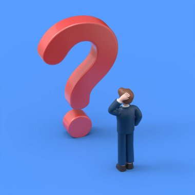 Problem ve çözüm konsepti sakallı Amerikalı iş adamı Bob3D 'nin mavi arka planda canlandırması.