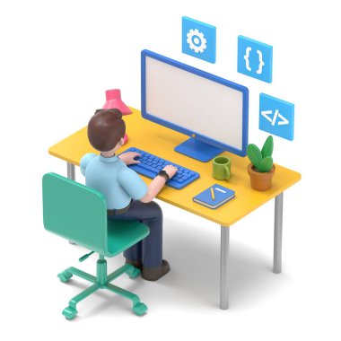 İş konsepti afişinde programcı. Ağ afişi, bilgi grafikleri, Asyalı adam Felix3D 'nin beyaz arkaplandaki 3D görüntüsü için kullanılabilir.
