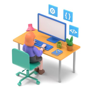 İş konsepti afişinde programcı. Beyaz arkaplanlı web pankartı, bilgi grafikleri, Avrupalı iş kadını Ellen.3D 'nin 3D görüntüsü için kullanılabilir.