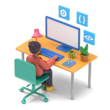 İş konsepti afişinde programcı. İnternet afişi, bilgi grafikleri, gülümseyen Afrikalı Amerikalı kadın Coco.3D 'nin beyaz arkaplandaki 3D resimleri için kullanılabilir..