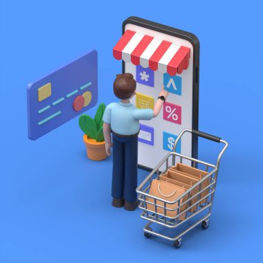 Çevrimiçi alışveriş konsepti. Web pankartı, bilgi grafikleri, Asyalı adam Felix3D 'nin mavi arkaplandaki 3D görüntüsü için kullanılabilir.