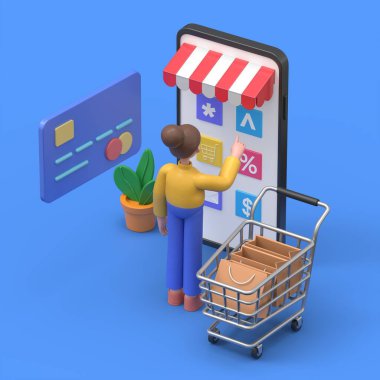 Çevrimiçi alışveriş konsepti. Ağ afişi, bilgi grafikleri, Asyalı kadın Angela3D 'nin mavi arkaplandaki 3D görüntüsü için kullanılabilir.