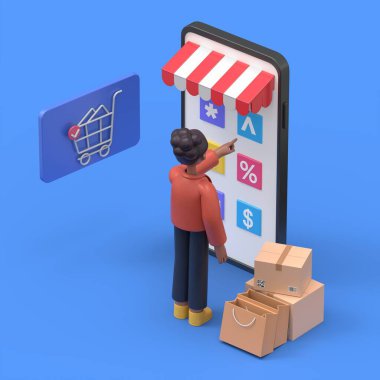 Çevrimiçi alışveriş konsepti afişi. Ağ afişi, bilgi grafikleri, Afro-Amerikan kadın Coco.3D resimlerini mavi arka planda gösterebilirsiniz..