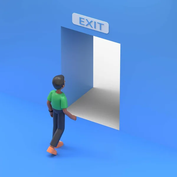 3D illustration of handsome afro man David follows the indicated path to the exit through an open door, an escape route.3D rendering on blue background.