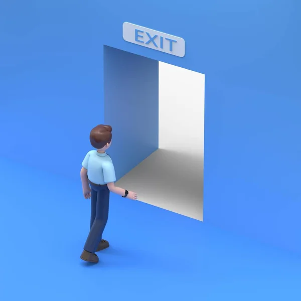 3D illustration of Asian man Felix follows the indicated path to the exit through an open door, an escape route.3D rendering on blue background.