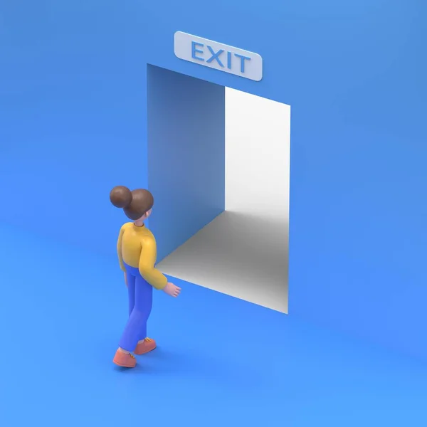 3D illustration of Asian woman Angela follows the indicated path to the exit through an open door, an escape route.3D rendering on blue background.