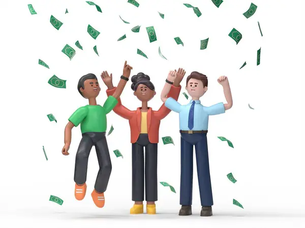 3d illustration of happy business team celebrates success standing under money rain banknotes cash falling on white background. Young man and woman hands raised high and catches bills.
