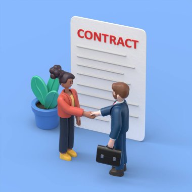 Resmi Sözleşme Belgesi 'ni imzaladıktan sonra El sıkışan Karakterler. İki İşadamı Başarılı İş Anlaşmasını Tamamlıyor. Sözleşme ve Yönetim Konsepti. Düz İzometrik 3D Görüntü.