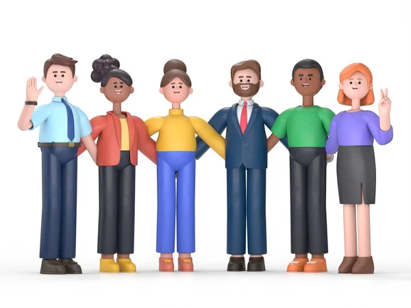 Uluslararası arkadaşlık düz 3D çizim. Karikatür karakterleri bir arada duran genç insanlar. Çok ırklı birlik ve barış kavramı. Çeşitlilik ve sosyal birliktelik fikri.