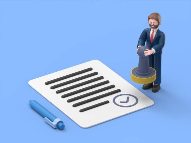 Mavi arka planda izometrik 3D illüstrasyon, belge onayı, sakallı Amerikalı iş adamı Bob 'un 3 boyutlu çizimi, elinde bir kağıt ve kalem ile elinde bir damgayla.