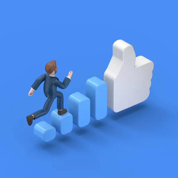 isometric 3D illustration on blue background, increase popularity on social networks,3D illustration of bearded american businessman Bob runs up the stairs to a big like