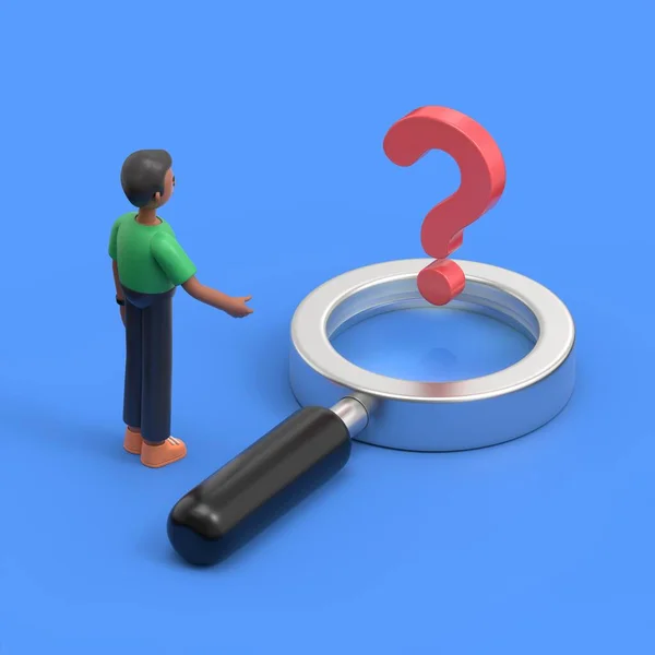 isometric 3D illustration on a blue background,3D illustration of handsome afro man David stands in front of a question mark in a magnifying glass, looking for a solution or an answer to a question